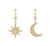 CZ Moon Star Earrings Gold Silver Plated Asymmetric Dainty Layered Sun Crescent Planet Celestial Tassel Sparkly Rhinestone Cubic Zirconia Dangle Drop Earrings for Women Birthday Fashion Jewelry Gifts