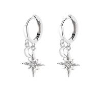 CZ Star Dangle Hoop Earrings Sterling Silver 925 for Women Girls Lucky Eight Awn Stars Crescent Moon Dangling Charm Huggie Hoops Cartilage Earrings Dainty Jewelry Gifts BFF