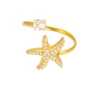 CZ Starfish Ring for Women Gold Plated Stainless Steel Open Adjustable Stackable Ring Cubic Zirconia Surfer Beach Sea Star Boho Fashion Trendy Summer Statement Wedding Band Dainty Coastal Jewelry