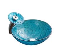 CZAOERXB Bathroom Vessel Sink Blue, Modern Tempered Glass Vessel Bowl Sink, Round Bathroom Sinks Above Counter, Sink Bowl with Pop Up Drain,Sink +Faucet Set