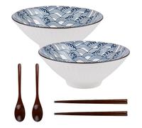 CZCMYAU 1200ml Ceramic Ramen Bowl Set of 2 with Chopsticks and Spoons Large Japanese Udon Soba Asian Soup Noodle Bowls Microwave Safe