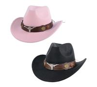 CZCMYAU Western Cowboy Hat for Men and Women Pack of 2 Wide Brim Felt Soft Panama Fedora Hat with Removable Belt Buckle Cowboy & Cowgirl Hats Set for Adult Costume Party(1 x Pink + 1 x Black)