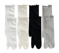 Czdtq 4 Pairs Tabi Socks Women, Tabi No Show Socks, Non Slip Flip Ankle Flop Low Cut Calf-Length Elastic Ruffle Frilly Extra Sock for Women and Girls, White, Japanese Split Toe Sock