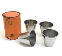Czech Amy Set of 4 Vintage Stirrup Cups with Leather Case | Classic Hunting Shot Cups Set | Stainless Steel Hip Shot Cups for Equestrian, Hunting, Travel & Outdoor Gifts