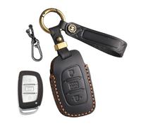 CZEMAM Leather Car Key Cover fit for Hyundai Tucson Sonata Fe Creta 2019 | Key Case Protector fit for IX35 I10 Solaris Accent Smart Key Accessories Car Key Fob Protector with Keychain 3 Buttons-Black