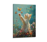 CZHXYZ Animal Poster - Cat Chasing Butterflies Impressionist Oil Decor Poster Wall Art Decorative Painting Bedroom Painting Posters 24x36inch(60x90cm) Frame-style