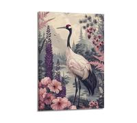 CZHXYZ Canvas Posters Wall Art for Bedroom And Living Room Decor - Animal Chinese Retro Red-crowned Crane in Flowers And Mountains Scene 12x18inch(30x45cm) Frame-style