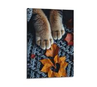 CZHXYZ Canvas Posters Wall Art for Bedroom And Living Room Decor - Animal Realistic Warm Cat Paws on Knitted Blanket with Maple Leaves Photography 08x12inch(20x30cm) Frame-style