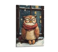 CZHXYZ Canvas Posters Wall Art for Bedroom And Living Room Decor - Christmas Cute Owl by Window with Snow Presenting Quiet Winter Vibe 24x36inch(60x90cm) Frame-style