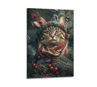 CZHXYZ Canvas Posters Wall Art for Bedroom And Living Room Decor - Christmas Knitted Cat Among Fir Branches Red Berries Sends Retro Cuteness 12x18inch(30x45cm) Frame-style