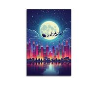 CZHXYZ Canvas Posters Wall Art for Bedroom And Living Room Decor - Christmas Sleigh Silhouette With Reindeer Flying Over City Is Full Of Cyberpunk Style 24x36inch(60x90cm) Unframe-style