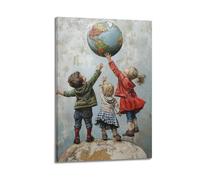 CZHXYZ Canvas Posters Wall Art for Bedroom And Living Room Decor - Figure Natural Three Children on Rock Lifting The Earth 12x18inch(30x45cm) Frame-style