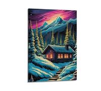 CZHXYZ Canvas Posters Wall Art for Bedroom And Living Room Decor - Landscape Illustration Cabin Under Aurora And Snowy Mountain 24x36inch(60x90cm) Frame-style