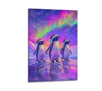 CZHXYZ Canvas Posters Wall Art for Bedroom And Living Room Decor - Penguin Trio with Hats Skating Under Aurora Burning Christmas Colorful Vibe 20x30inch(50x75cm) Frame-style
