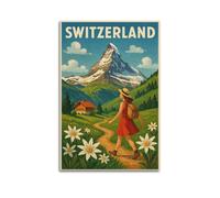 CZHXYZ Canvas Posters Wall Art for Bedroom And Living Room Decor - Scenery Switzerland Hiking Healing Wandering at Matterhorn with Floral Path And Chalet 20x30inch(50x75cm) Unframe-style
