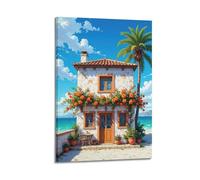 CZHXYZ Canvas Posters Wall Art for Bedroom And Living Room Decor - Travel Anime-style Seaside Flower House Landscape 24x36inch(60x90cm) Frame-style