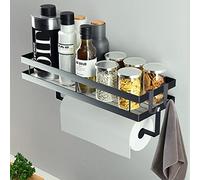 CZKDTT Spice Rack, Kitchen Shelf Wall without Drilling, Spice Rack Hanging with Kitchen Roll Holder and 4 Hooks, Kitchen Organiser Drawer, Kitchen Utensil Holder, 35 cm, Black