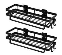 CZKDTT Spice Rack, Set of 2, Kitchen Shelf Wall Without Drilling, Spice Rack Hanging with Kitchen Roll Holder and 4 Hooks, Kitchen Organiser Drawer, Kitchen Utensil Holder, 35 cm, Black