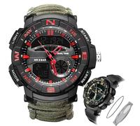 CZMYCBG Mens Tactical Military Digital Watch, 7-in-1 Survival Multi-Functional Army Outdoors Waterproof Camouflage Sports Watches, LED Electronic Wristwatches with Compass Paracord Band(G-Red)