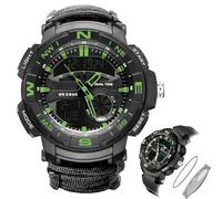 CZMYCBG Mens Tactical Military Digital Watch, 7-in-1 Survival Multi-Functional Army Outdoors Waterproof Camouflage Sports Watches, LED Electronic Wristwatches with Compass Paracord Band(BK-Green)