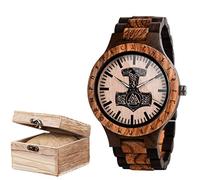 CZMYCBG Mens Viking Wooden Watch Stylish Business Casual Wristwatches Viking Norse Symbols Handmade Engraved Wooden Watch with Wooden Box