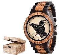 CZMYCBG Viking Norse Raven Wooden Watch, Symbols Handmade Engraved Wrist Watch with Gift Box for Anniversary Birthday Christmas