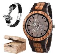 CZMYCBG Viking Wolf Fenrir Rune Men's Wooden Watch, Norse Mythology Celtic Raven DIY Handmade Engraved Crafts with Vintage Chain and Gift Box Sets (Color : A)