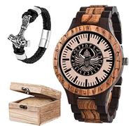 CZMYCBG Viking Wolf Fenrir Rune Men's Wooden Watch, Norse Mythology Celtic Raven DIY Handmade Engraved Crafts with Vintage Chain and Gift Box Sets (Color : D)