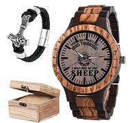 CZMYCBG Viking Wolf Fenrir Rune Men's Wooden Watch, Norse Mythology Celtic Raven DIY Handmade Engraved Crafts with Vintage Chain and Gift Box Sets (Color : F)