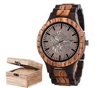 CZMYCBG Wooden Watches for Men Viking Wolf Fenrir Norse Mythology Celtic Raven Rune Vintage Hand Engraved Adjustable Casual Watches with Wooden Gift Box (Color : A)