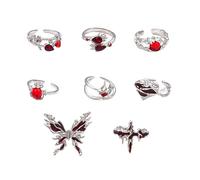 CZMZHFC 8 Pcs Gothic Rings for Women,Vintage Silver Knuckle Rings Set,Adjustable Opening Stackable Statement Ring,Punk Butterfly Spider Cross Heart Red Gemstone Y2K Ring,Halloween Jewelry for Women