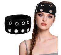 CZMZHFC Black Grommet Headband,Women Hollow Out Eyelets Elastic Hairband,Punk Style Rivets Headbands,Y2K Grunge Fashion Wide Head band,Stretchy Casual Hair Accessories for Women (Black, 1 PC)