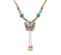 CZMZHFC Boho Necklace for Women,Vintage Butterfly Pendant Necklaces,Adjustable Wooden Beads Layered Braided Choker,Fashion Tribal Style Leather Rope Necklace Jewelry,Chunky Statement Gift for Women