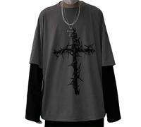 CzooM Men's Women's Gothic Shirt Y2K Emo Grunge Alt Vintage Long Sleeve Top Tee Dark Academia Harajuku Cross Sweatshirt Clothing (Color : Dark gray, Size : L)