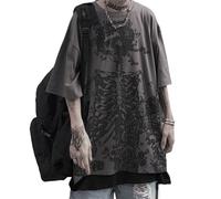 CzooM Women's Y2K T-Shirt Skeleton Emo Grunge Streetwear Oversized Tee Gothic Graphic Techwear Alt Top Punk Dark Academia (Color : Dark gray, Size : M)
