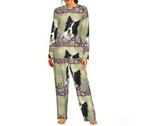 Czqdp Set Nightgown Women's Pyjama Sets Two Piece Loungewear with Pockets Nightwear,Border Collie Lawn Black Border Collie Pets