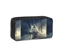 Czqdp Simple and Spacious Pencil Case Polyester Cosmetic Pouch Bag Portable Pencil Pouch with Zipper,Grey Wolf in Moonlight