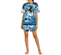 Czqdp Women's two-piece with Short Sleeves and Shorts Set Loungewear with Pockets,Orca Killer Whales Wave,One Size,XL