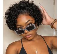 Czrleaty Pixie Wig Short Lace Curly Water Wave Lace Front Human Hair Wig 13x1 Hd Lace Wig for Black Women 6 Inch (1B#)