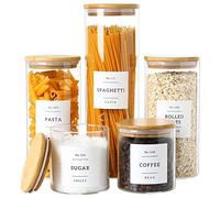 CZSZYGHBAO 5 Pack Glass Jars with Bamboo Airtight Lids - Stackable Food Storage Containers with 132 Pantry Labels - with Wood Lid for Candy, Cookie, Rice, Sugar, Flour, Pasta, Nuts
