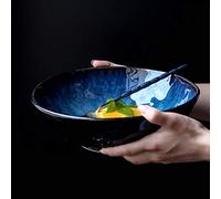 CZTOOL Blue Ceramic Salad Bowl, Retro Japanese Style Ramen Bowl, Creative Tableware Fruit Salad Bowl Soup Bowl L