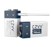 czvv 9V Lithium Batteries Rechargeable - High Capacity 760mAh Square Battery Li-ion 8.7V - USB Type-C,1300 Cycles, Leak-proof, Ultra Long Life 10 years for Smoke Detector, Wireless Microphones, 2 PCS