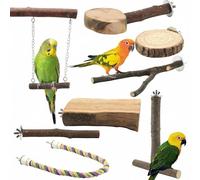 CZWESTC 8PCS Natural Wood Bird Perches, Parrot Perch Stand & Chewing Toy with Multi-Branch & Rope, Cage Accessories for Parakeets, Conures, Cockatiels, Lovebirds, Budgies
