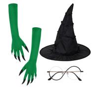 CZXCV Evil Witch Costume Accessory Set for Women, Pack of 3 | With black witch hat, glasses and green gloves, for Halloween, carnival, cosplay party