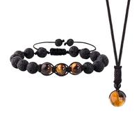 CZXCV Tiger Eye Lava Stone Beaded Bracelet and Necklace Set for Men Women Natural Stone Energy Bracelets and Necklace Adjustable Elastic Rope Handmade Spiritual Protection Calming Gift