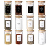 CZZGSM 12 Pcs Glass Spice Jars With 296 Spice Labels Preprinted of White and Black Color- 10oz Thicken(2.4mm) Spice Containers With Bamboo Airtight Lids - Empty Small Herb Seasoning Jars