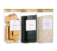 CZZGSM 3 Pack Square Glass Kitchen Storage Jars with Airtight Bamboo Lids and 132 Pantry Labels - 54oz Glass Canisters with Wood Lids - Food Storage for Sugar, Rice, Pasta, Cereal