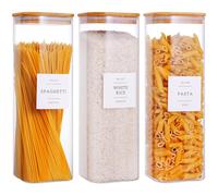 CZZGSM 3 Pack Square Kitchen Storage Jars with Airtight Bamboo Lids and 132 Pantry Labels - 80oz Glass Canisters with Wood Lids - Food Storage Containers for Spaghetti, Pasta, Fettuccine