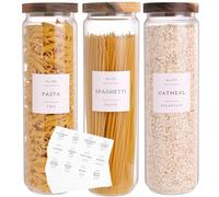 CZZGSM 3 Set Glass Pantry Storage Jars with Acacia Airtight Lid - 50oz Thicken Glass Kitchen Canisters with 132 Pantry Labels - Tall Food Storage Containers with Wood Lid for Pasta,Spaghetti,Cereal