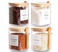 CZZGSM Set of 4 Square Glass Jar with Bamboo Lids and Spoons - Airtight 27 oz Borosilicate Glass Food Storage Contaienrs with 132 Kitchen Pantry Labels for Coffee, Tea, Sugar
